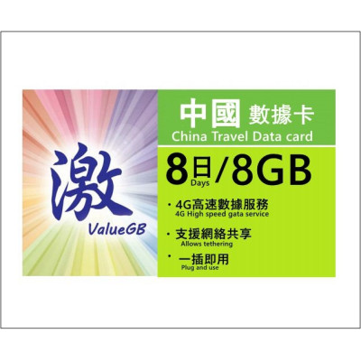 【ValueGB&中國移動 】中國 8日4G 8GB上網卡
