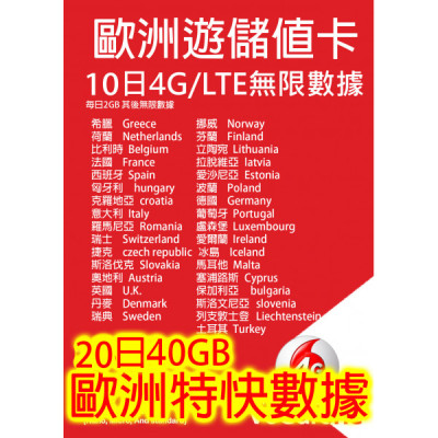 歐洲20 日5G 40GB之後降速無限《每日2GB之後降速128k無限》無限上網卡數據卡Sim卡電話咭data