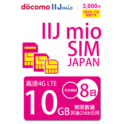 日本Docomo IIJ 8日4G 10GB之後256K無限上網卡數據卡Sim卡電話咭data