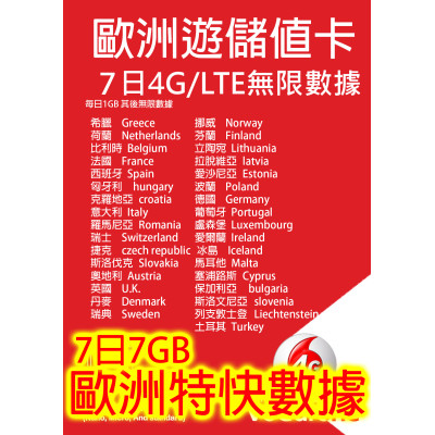 歐洲7日5G 7GB之後降速無限《每日1GB之後降速128k無限》無限上網卡數據卡Sim卡電話咭data