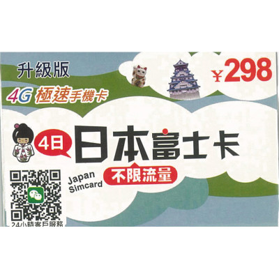 日本Softbank 4日4G 4GB之後降速無限《每日1GB 之後降速128k無限》上網卡電話卡SIM卡data(不包順豐)