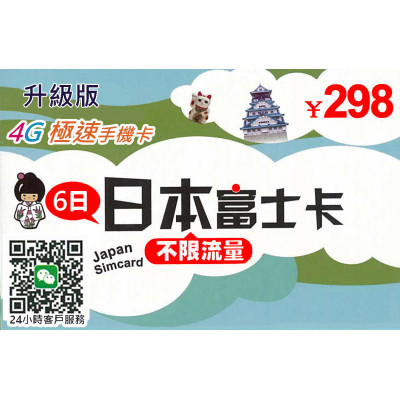 日本Softbank 6日4G 6GB之後降速無限《每日1GB 之後降速128k無限》無限上網卡數據卡Sim卡電話咭data