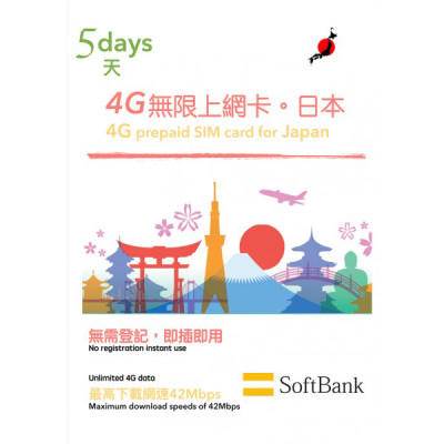 加強版 日本日本Softbank 5日4G無限上網卡