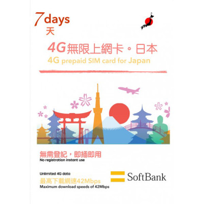 加強版 日本日本Softbank 7日4G無限上網卡