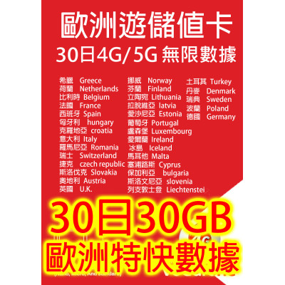 歐洲30 日4G/5G 30GB之後降速無限《沒有每日限制》無限上網卡數據卡Sim卡電話咭data