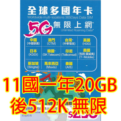 Happy 中國 日本 韓國 台灣 澳門 英國 美國 星加坡 馬來西亞 泰國 印尼 365日5G 20GB 之後降速512K無限《購買2張免費順豐》上網數據卡Sim卡電話咭data