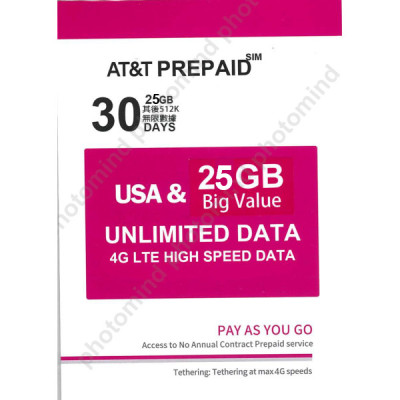 AT&T 美國  30日4G/5G 25GB之後降速512k無限《購買2張免費順豐》上網卡數據卡Sim卡電話卡咭data