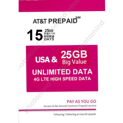 AT&T 美國  15日4G 25GB之後降速512k無限《購買2張免費順豐》上網卡數據卡Sim卡電話卡咭data