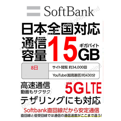 日本原生SoftBank 8日 5G /4G 15GB上網卡數據卡Sim卡電話咭data