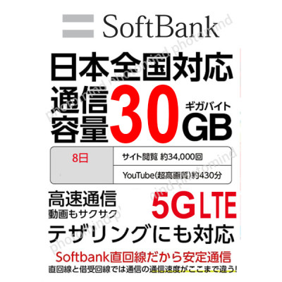 日本原生SoftBank 8日 5G /4G 30GB上網卡數據卡Sim卡電話咭data