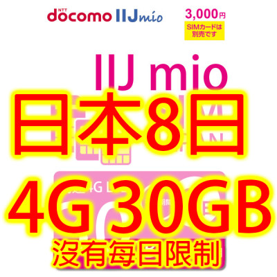 日本Docomo IIJ 8日4G 30GB之後256K無限上網卡數據卡Sim卡電話咭data