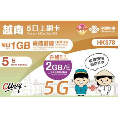 中國聯通 越南5G 10GB 5日無限上網卡《每日2GB 之後降速128k無限》《購買3張免費順豐》上網卡數據卡Sim卡電話咭data