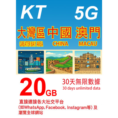 大灣區，中國，澳門  30日 5G 20GB 之後降速128K無限數據《購買2張免費順豐》 上網卡數據卡Sim卡電話咭data